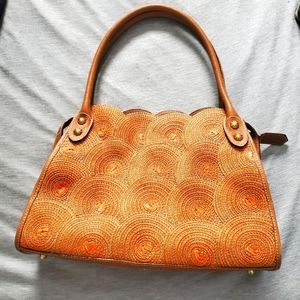 Eric Javits Leather/Raffia Straw Summer Orange Lil Circles